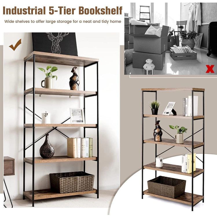 Hivvago 5-Tier Industrial Bookshelf Display Storage Rack with Metal Frame