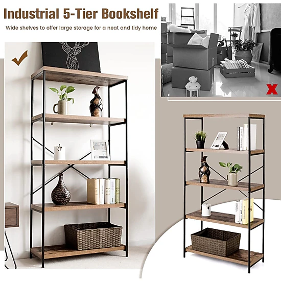 Hivvago 5-Tier Industrial Bookshelf Display Storage Rack with Metal Frame