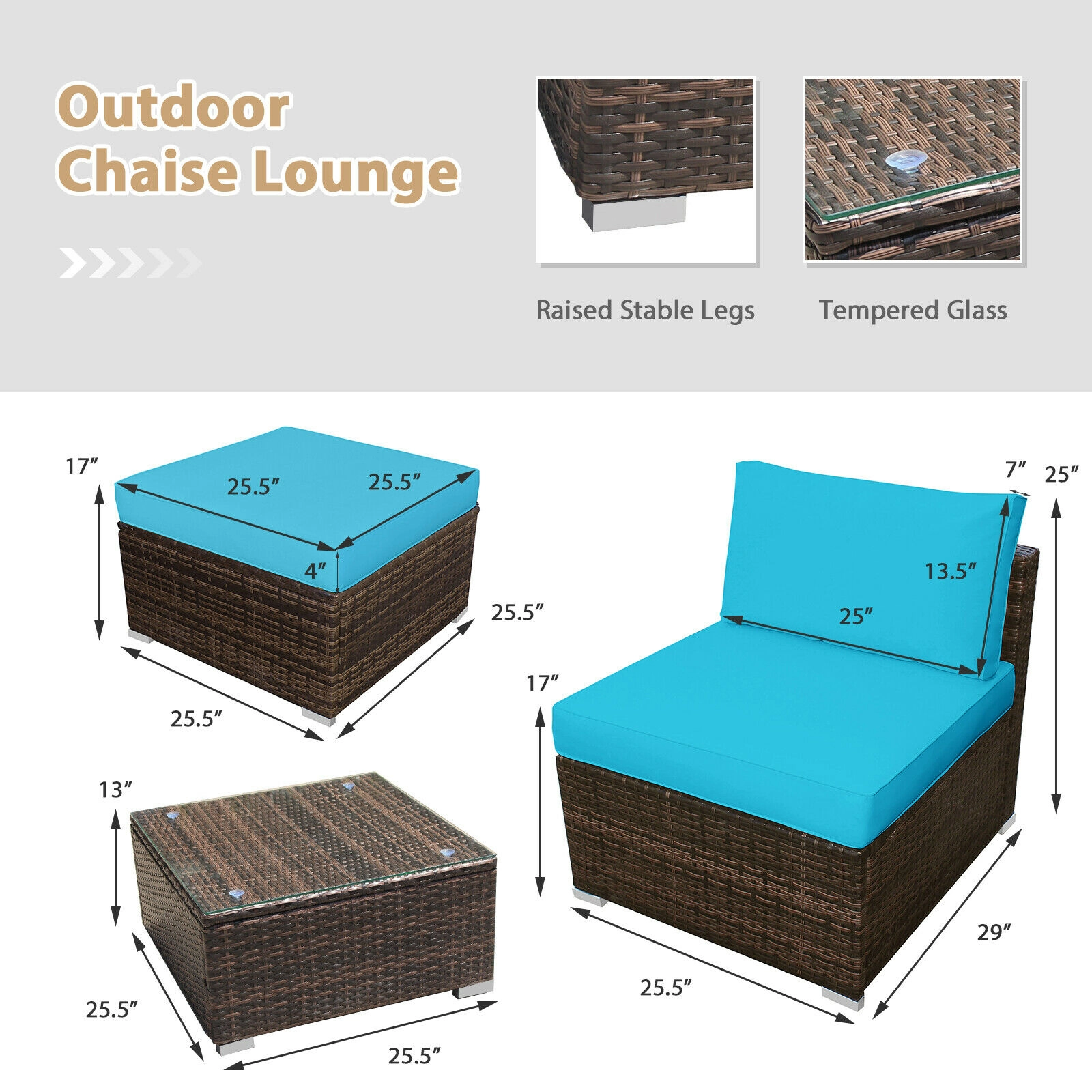 SUGIFT 5-Piece Turquoise PE Rattan Patio Set with 2 Armless Sofas, 2 Ottomans and Glass Table