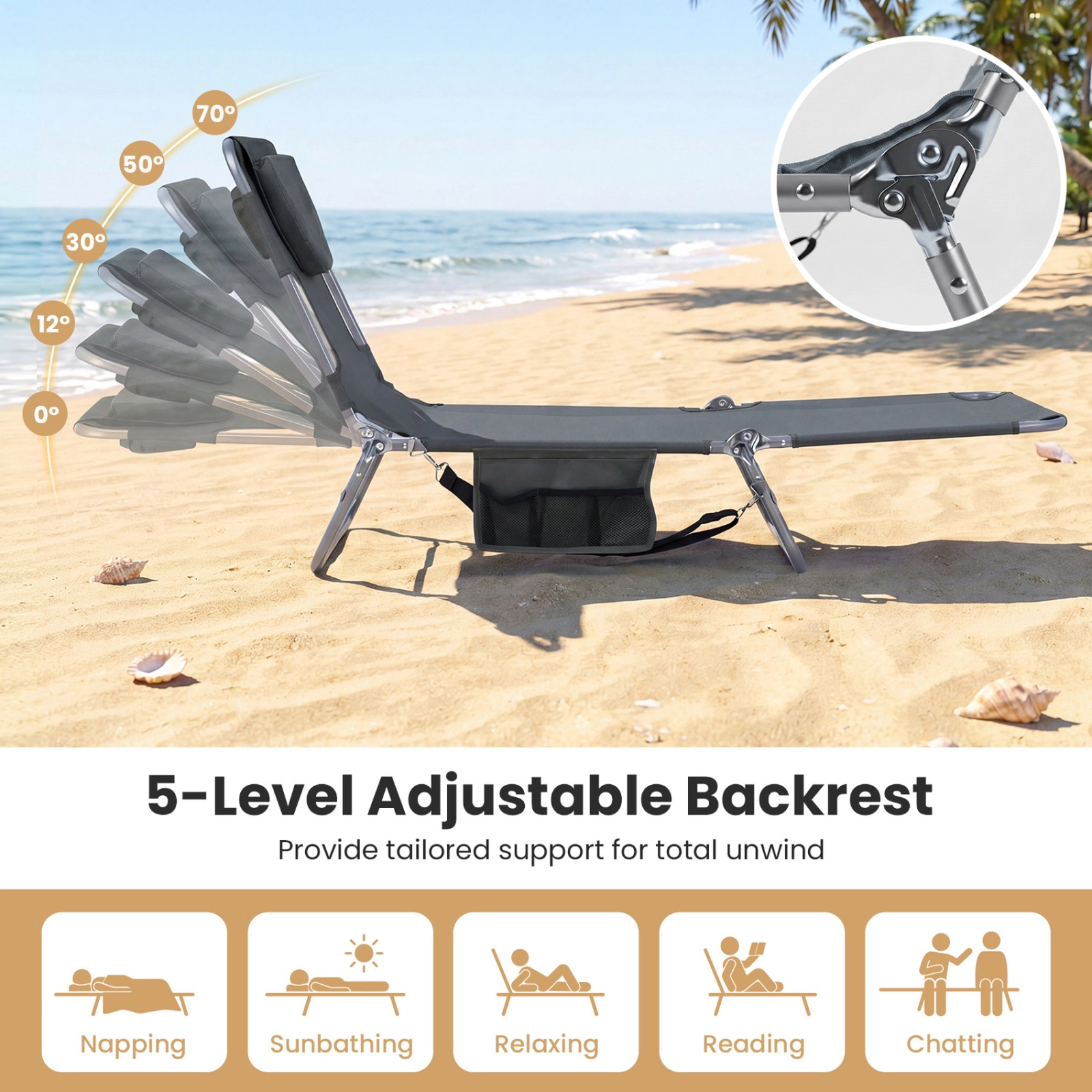 SUGIFT 5 Backrest Angles Face Hole Arm Slots and Carry Strap 330-lb Folding Beach Lounge Chair