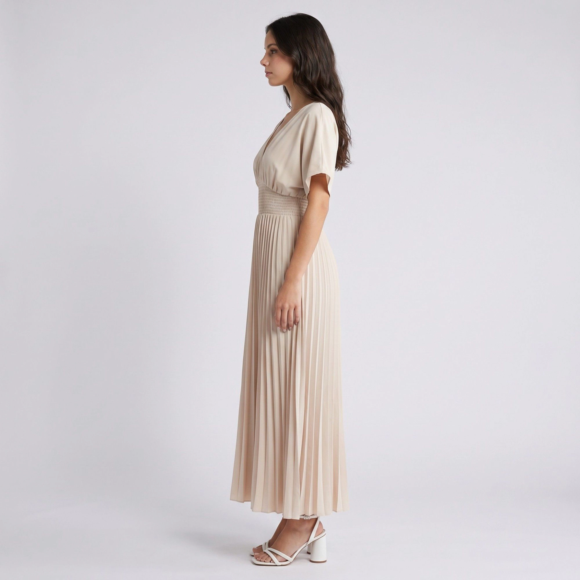 Anna-Kaci Women's Pleated V-Neckline Short Flutter Sleeves Smocked Waist A-Line Skirt Maxi Dress