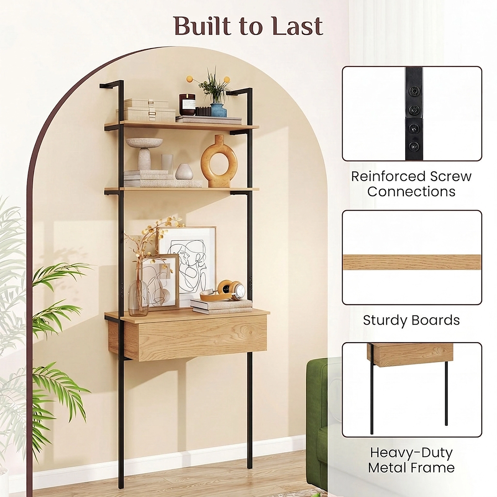 SUGIFT 73-in Tall 4-Tier 120-lb Capacity Natural Ladder Bookshelf with Drawer and Metal Frame Anti-Tipping Kits
