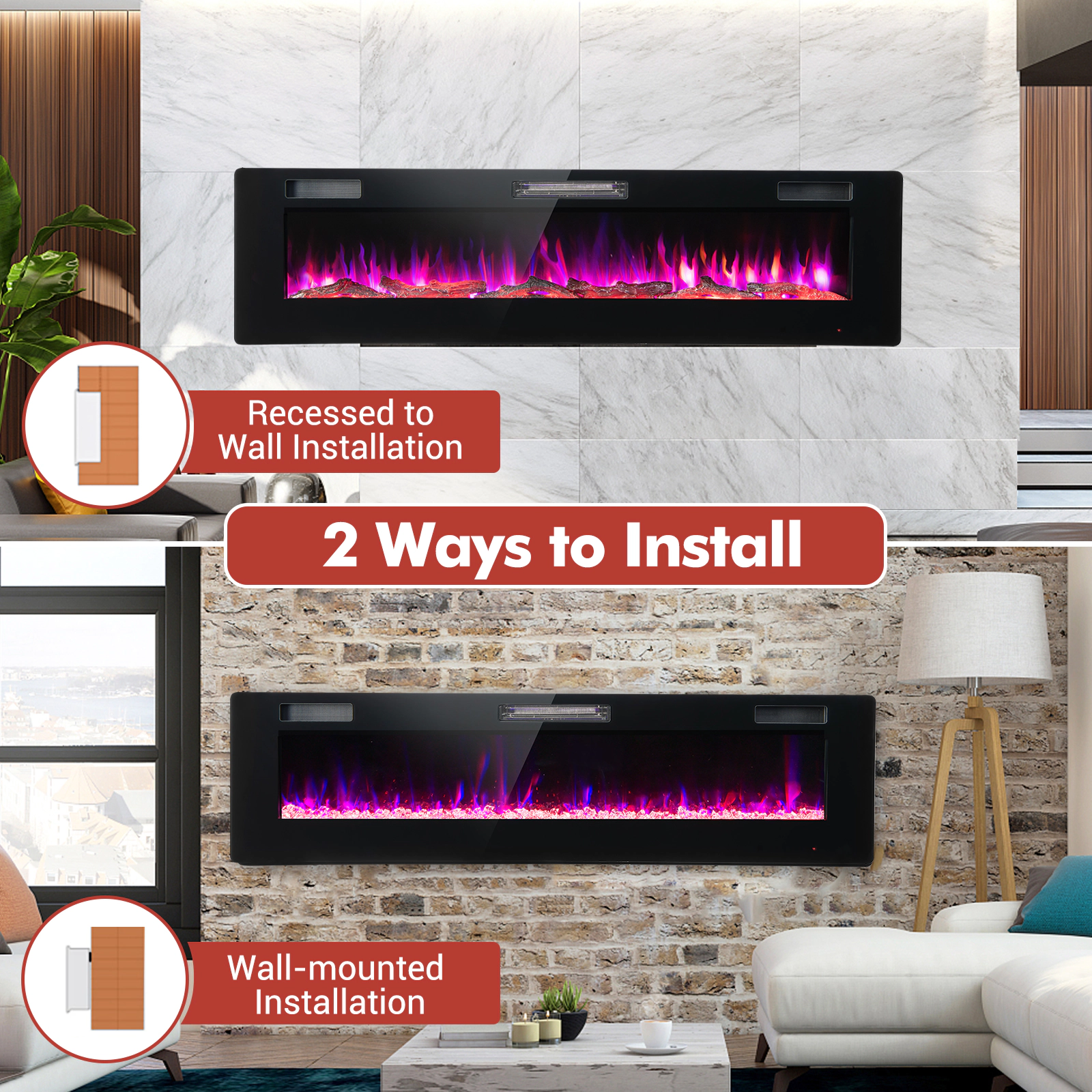 SlickBlue Modern Electric Fireplace Heater with Crystal Log Display