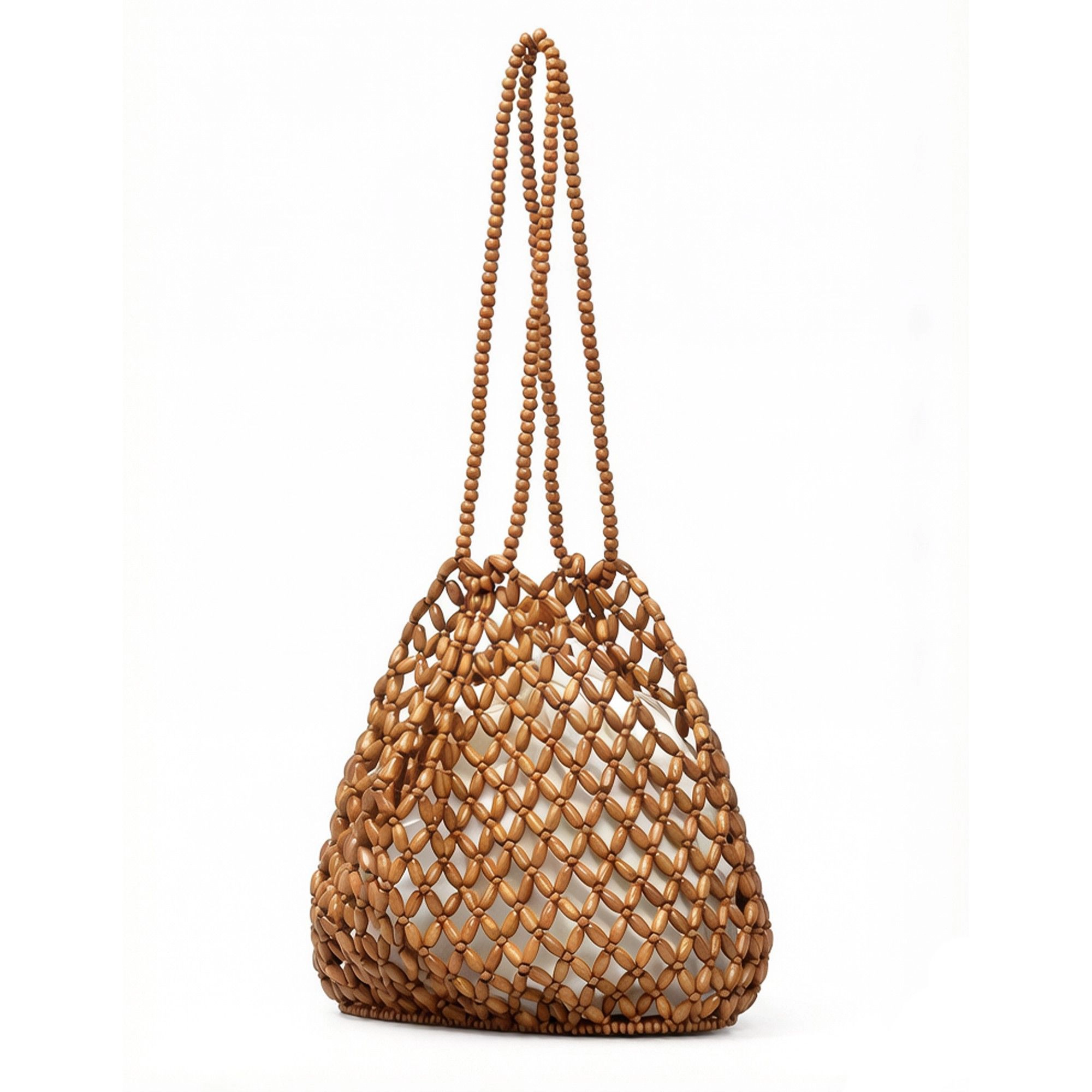 Alilang Women's Wooden Beaded Tote Bag with Inner Pouch Handmade Open Weave Shoulder Handbag Lightweight Carryall