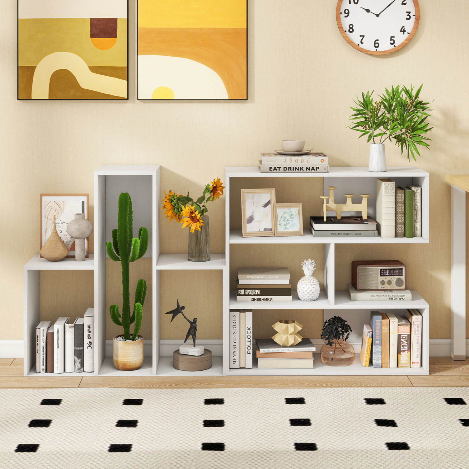 LJG Concave Bookshelf with 3 Open Shelves & Anti-Toppling Device for Living Room