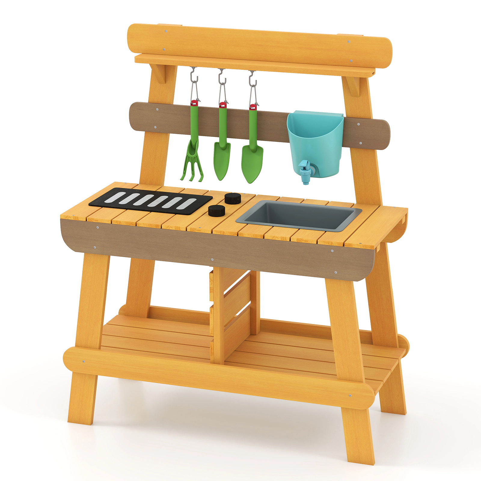 SUGIFT Outdoor Wooden Mud Kitchen Playset with Grill Rack Sink and Storage 30.5 x 14 x 37.5 in Ages 3-8 Natural