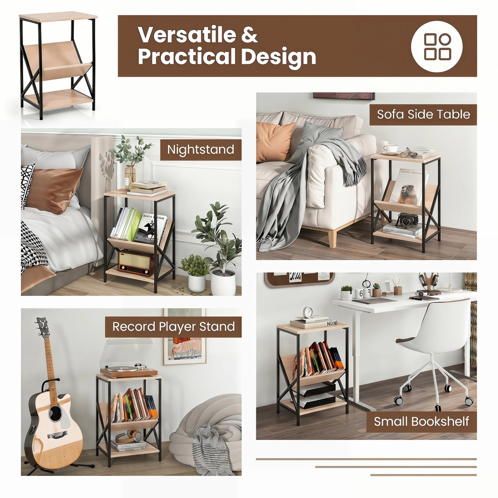 SUGIFT 3-Tier Industrial Side Table with V-shaped Bookshelf 110-Lb Top Capacity Rustic Brown Natural