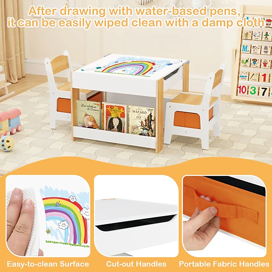 SUGIFT Natural Reversible Top and Fabric Bins Kids 4-in-1 Activity Table and 2 Chairs Set