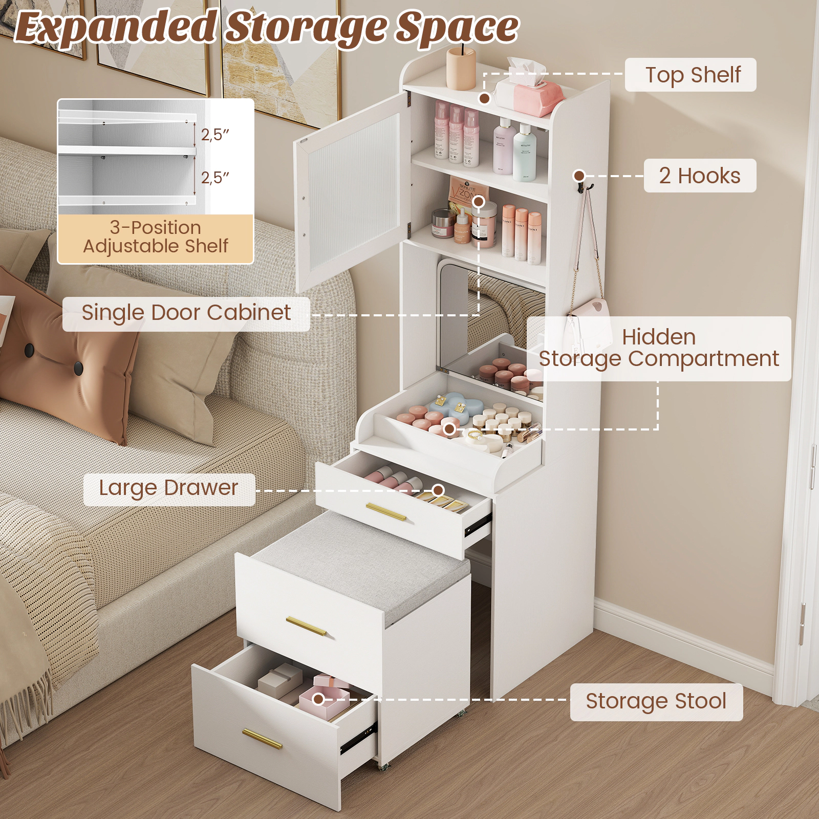 SUGIFT Makeup Vanity Power Outlets Flip-top Mirror Storage Stool & Tall Cabinet 110-lb Table 353-lb Stool Capacity White