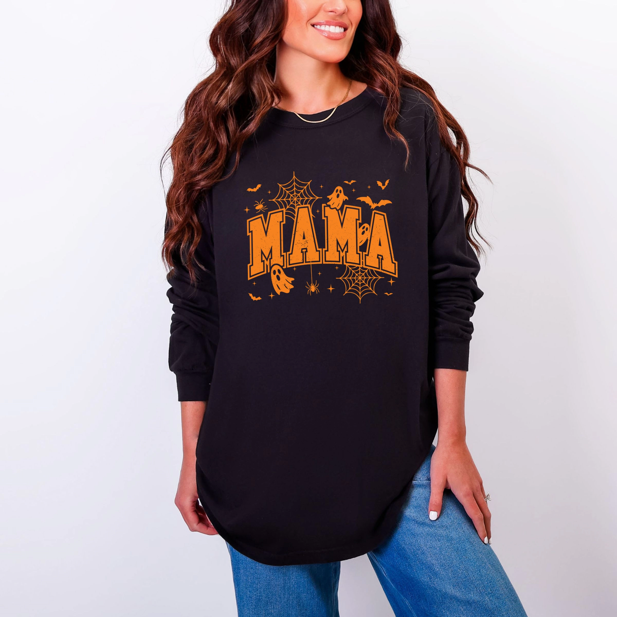 Simply Sage Market - Women's Garment Dyed Long Sleeve Graphic T-Shirt Mama Halloween Varsity