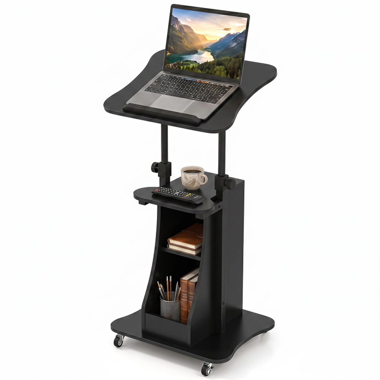 SUGIFT 200-lb Capacity 28.5-in to 44-in Sit-to-Stand Rolling Laptop Desk Cart with Tilting Top and Shelves