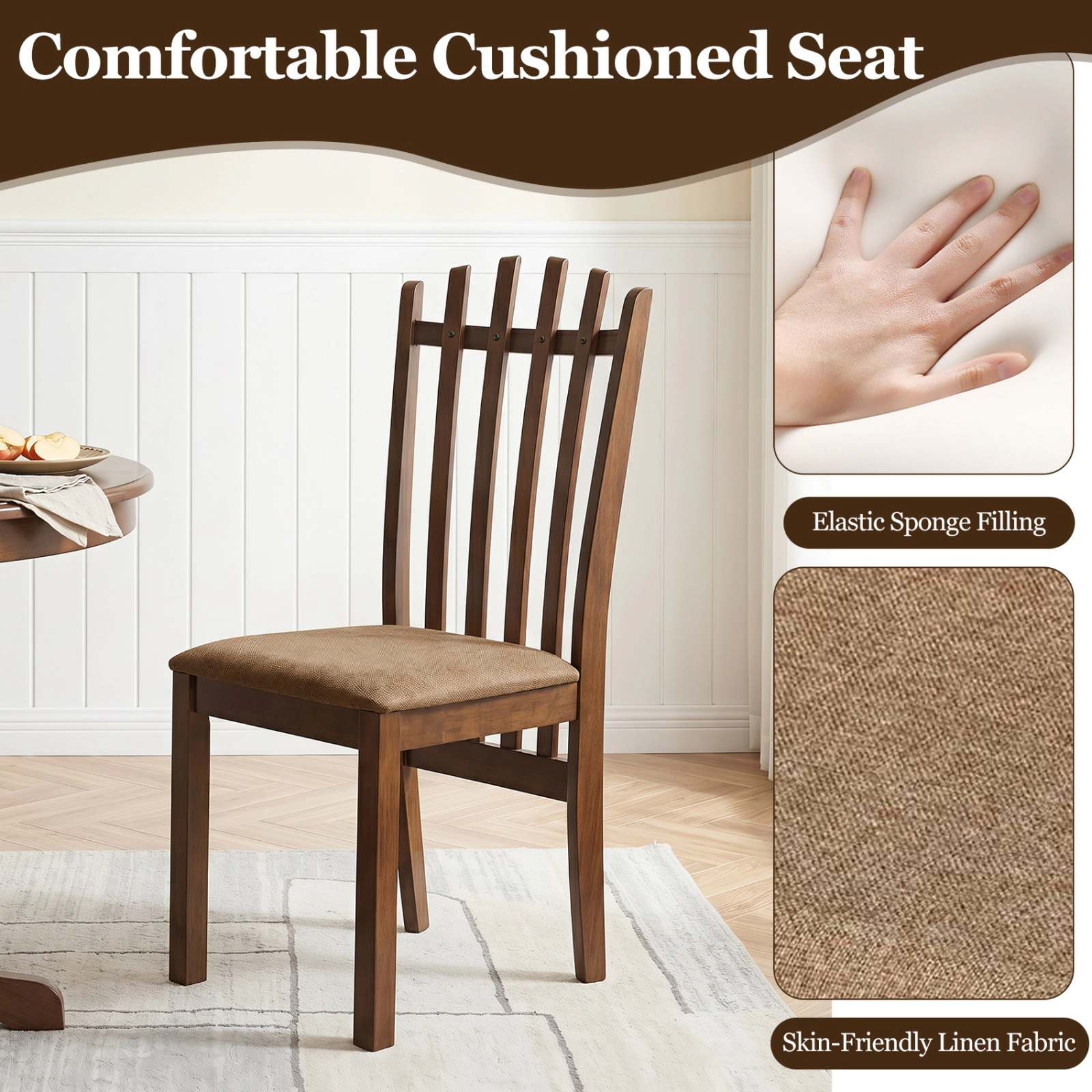 SUGIFT Rubber Wood Slat Back Kitchen Dining Chairs Set of 2 with Cushioned 18-in Seat 330-lb Capacity Walnut+Brown