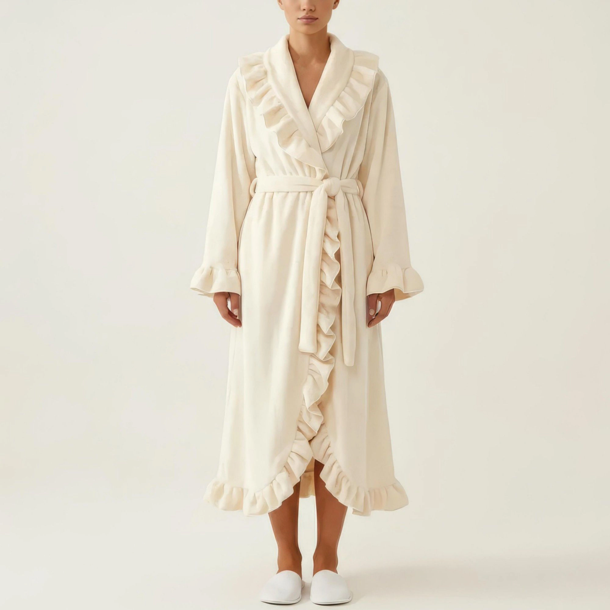 Anna-Kaci Women's Long Sleeve Wrap Robe with Ruffle Trim Shawl Collar Tie Waist Belt Soft Lightweight Full Length