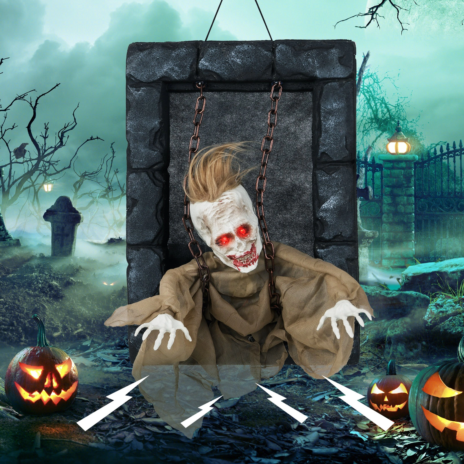 SUGIFT 18-in x 12.5-in Sound-Activated Red LED Eyes Hanging Halloween Zombie Prisoner Decor 3-in Frame 1-lb