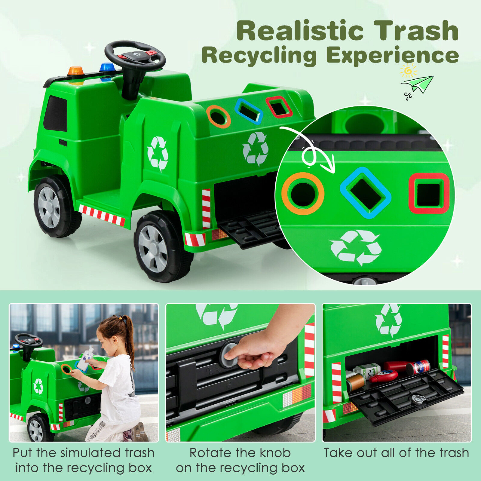SUGIFT 12V Ride-On Garbage Truck with Remote Control Warning Lights 77-lb Capacity Green