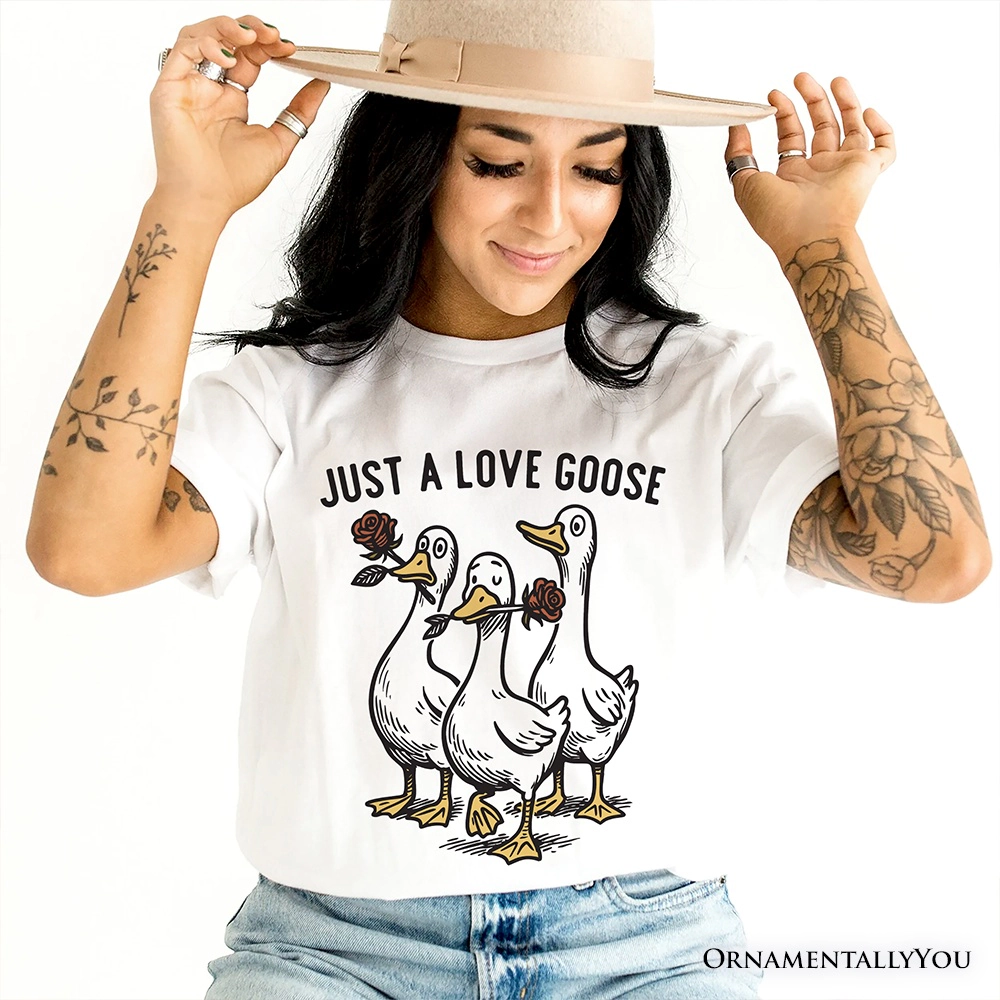 OrnamentallyYou Womens Just A Love Goose Quirky Valentine T-Shirt