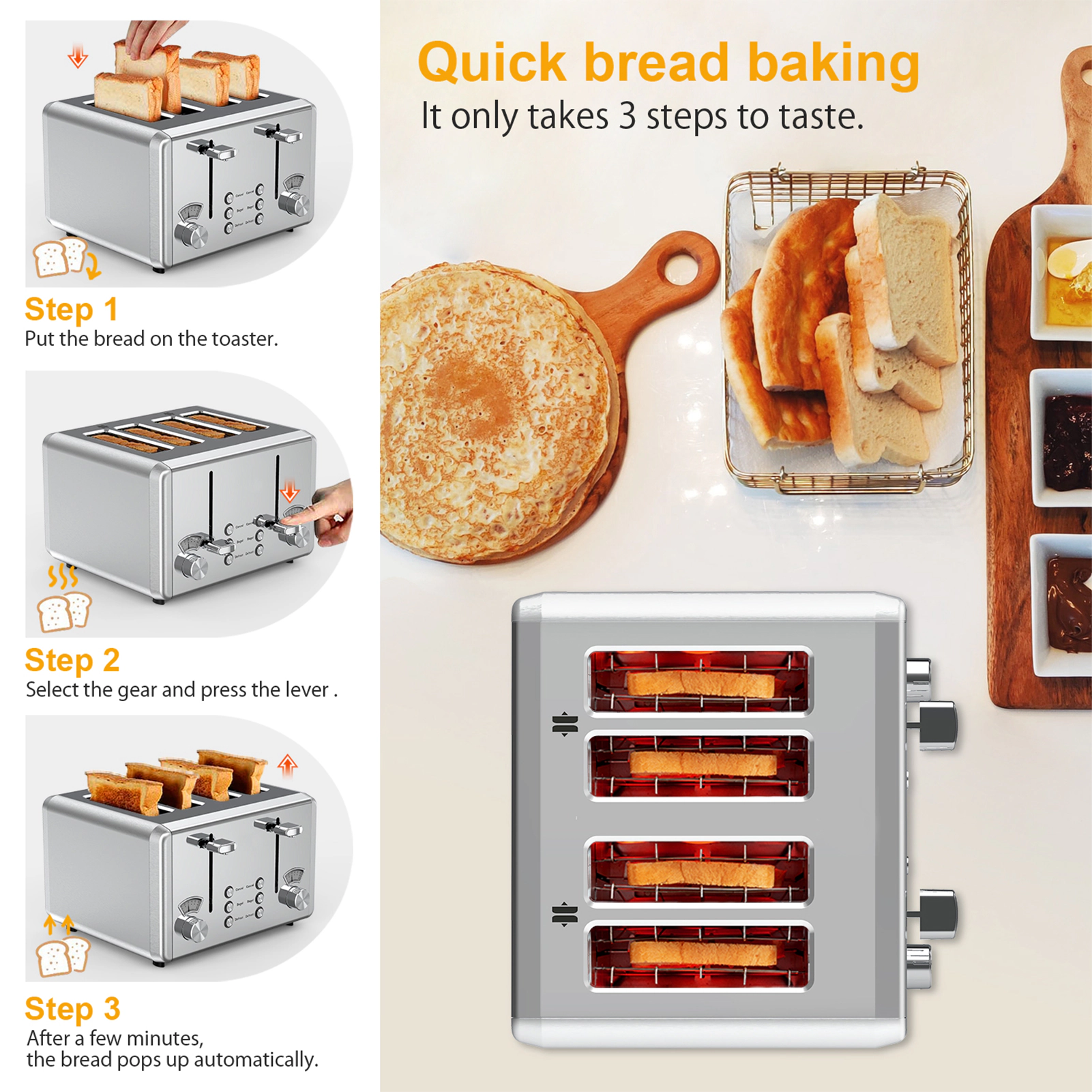 WHALL 4 Slice Stainless Steel Toaster with Dual Control Panels, 6 Shade Settings & Bagel Setting