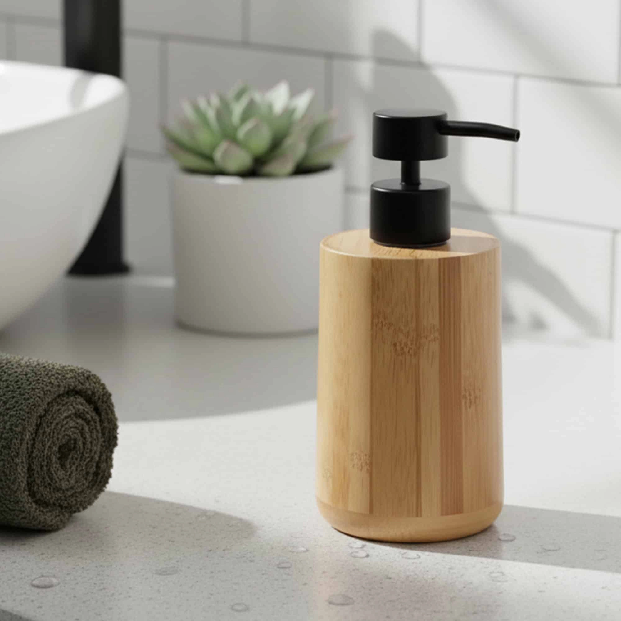 Evideco French Home Goods 10 oz Bamboo Soap Dispenser with Matte Black Pump