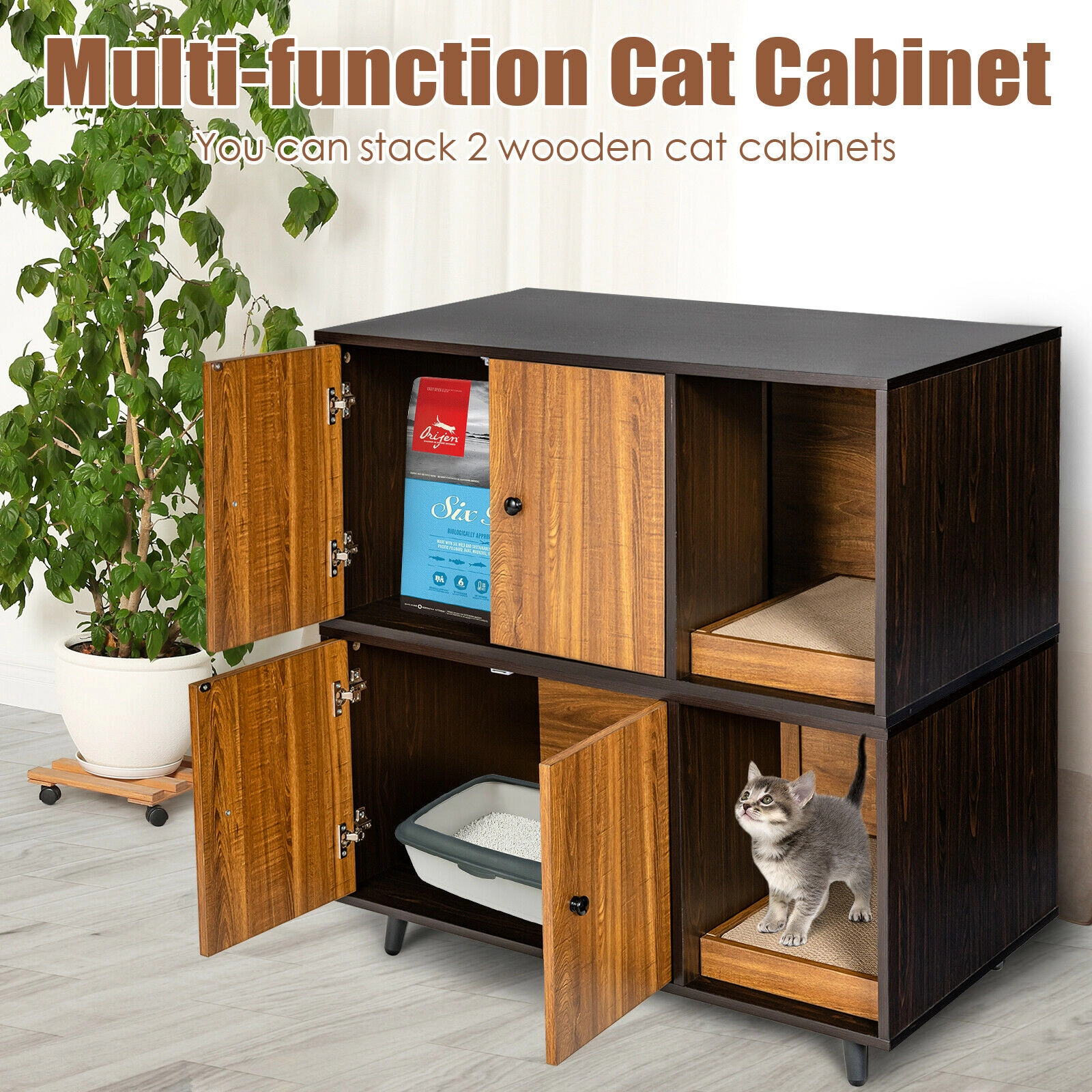 SUGIFT Brown Cat Litter Box Enclosure with Divider and Cat Scratcher 20-in W 20-in D 35.5-in H 192-lb Top Capacity