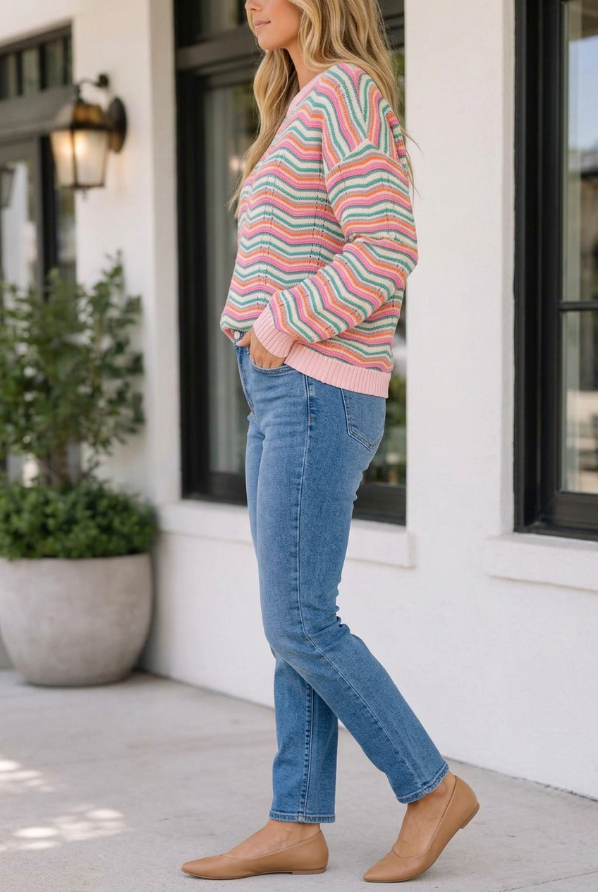 Threaded Pear Women's Lisa Striped Drop Shoulder Sweater