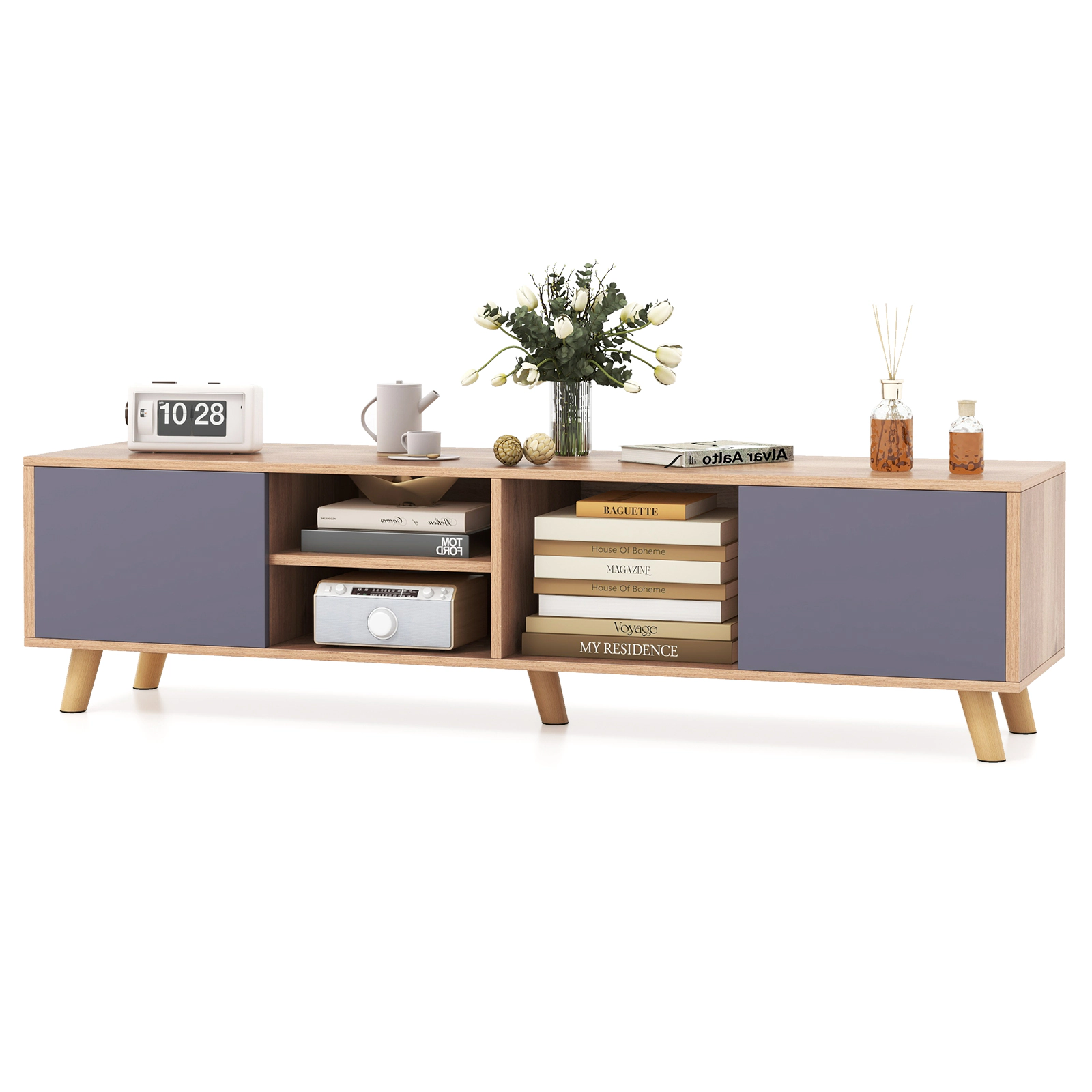 SUGIFT 56 in TV Stand Natural and Gray Cabinet for TVs up to 65 in with Open Shelf