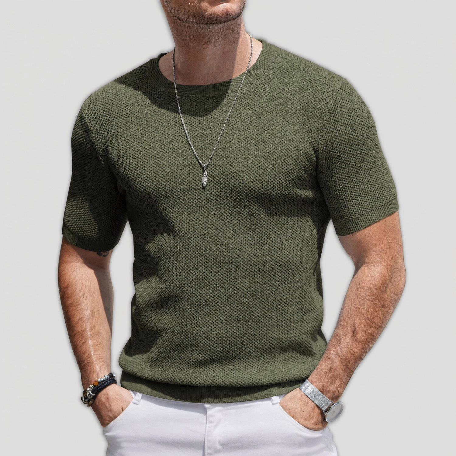 COOFANDY Mens Textured Short Sleeve Knit Shirt Crew Neck Ribbed Casual  Tee