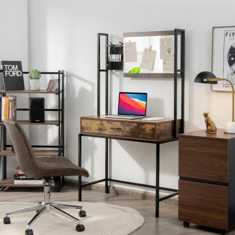 Hivvago Industrial Vanity Table With 3-Height Adjustable Mirror Bag-Brown