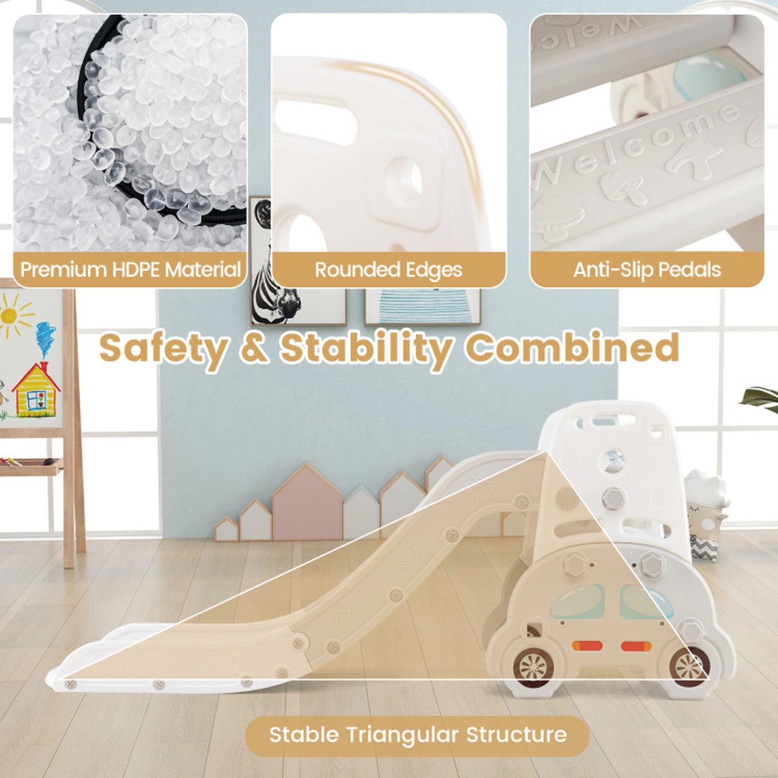 SUGIFT 5-in-1 Convertible Toddler Slide & Climber Set with Kids Art Easel Stool & Book Rack 66-lb Slide Capacity Ages 3+