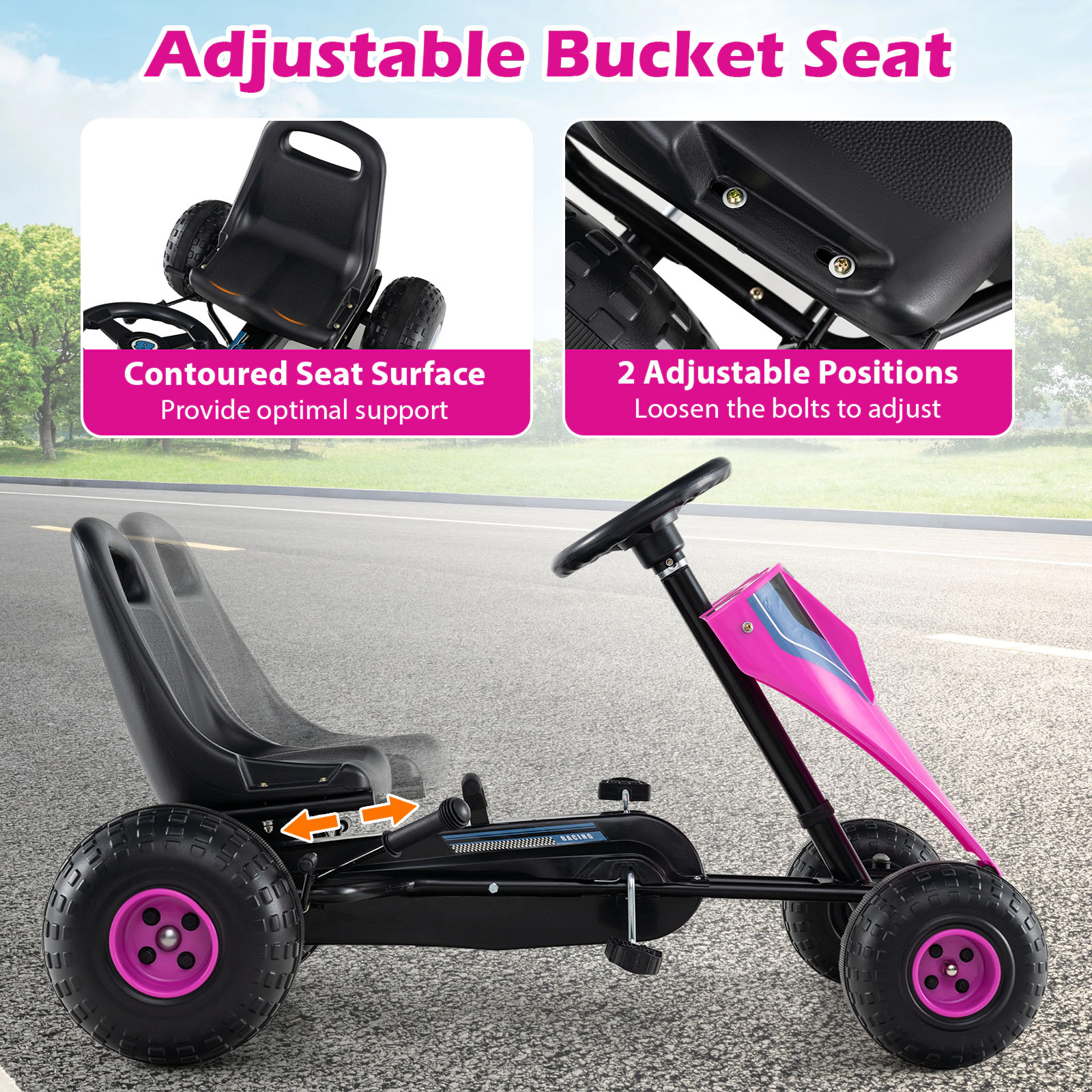 SUGIFT 4-Wheel Ride On Toy Pedal Go Kart with Steering Wheel and Safe Handbrake 77-lb Capacity Ages 3+ Pink/White