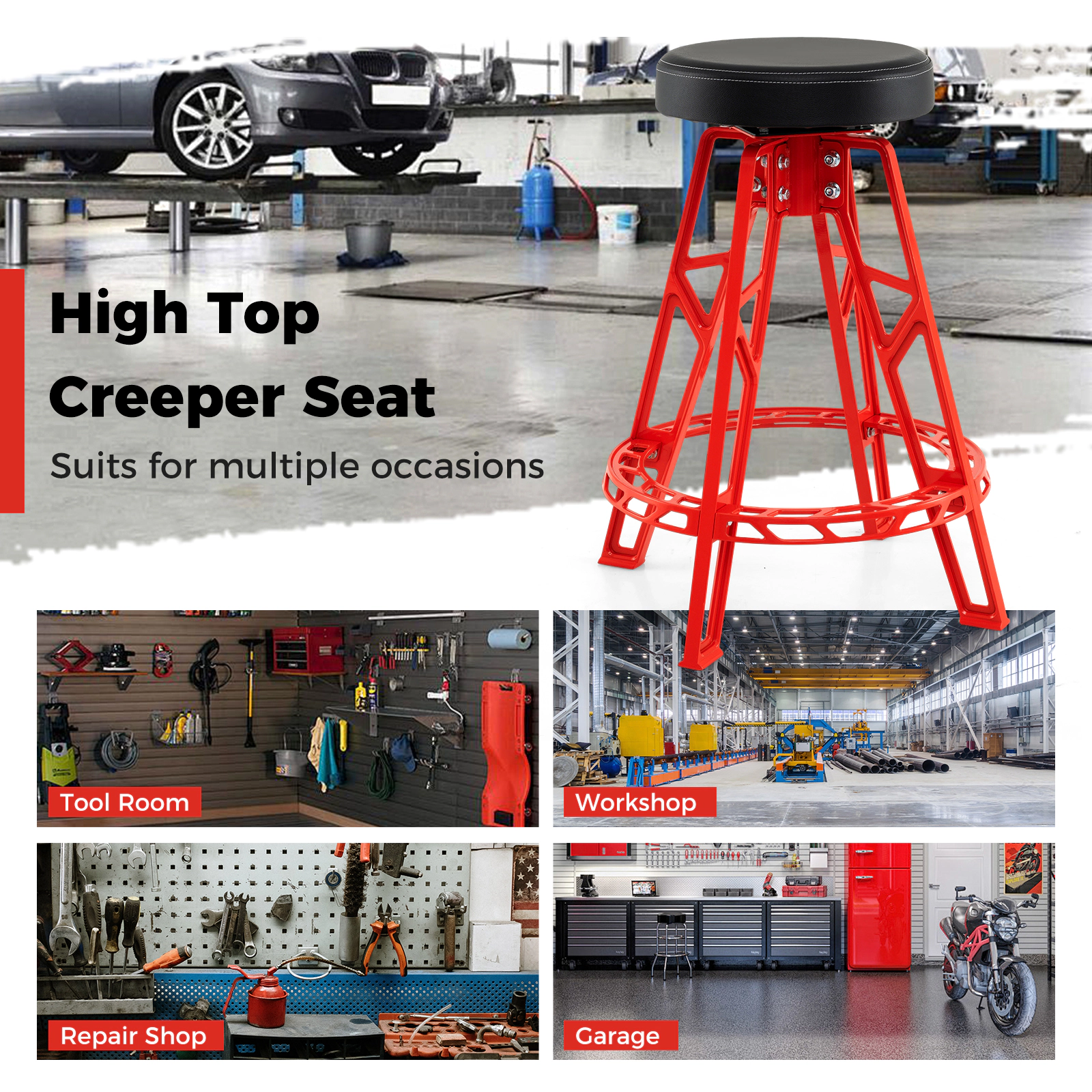 SUGIFT Heavy-Duty Garage Bar Chair with 360° Swiveling Seat 400-lb Capacity Red + Black