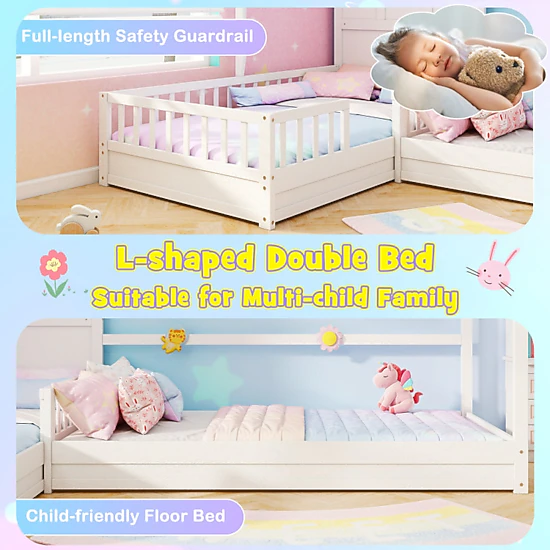 SUGIFT Kids Twin Size L-Shaped Double House Platform Corner Bed Frame ...