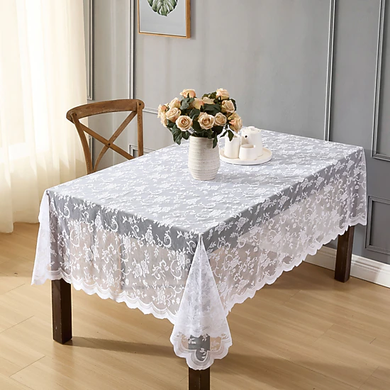 HLC.ME Harper Floral Scalloped Lace Fabric Wrinkle Resistant Tablecloth