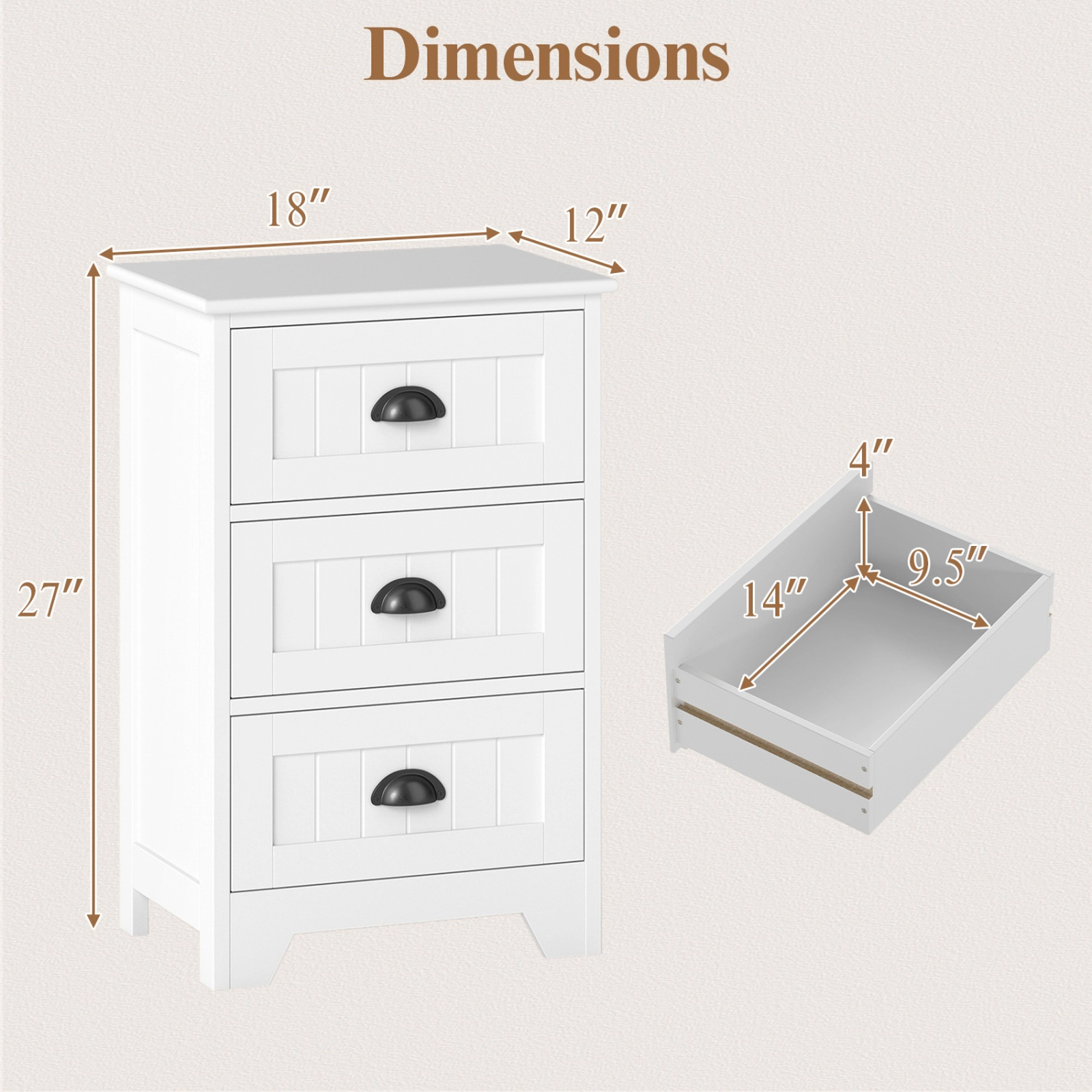 SUGIFT 3-Drawer MDF Nightstand with Storage End Table 88-lb Tabletop Capacity 20-lb Drawer Capacity 27-in Tall White