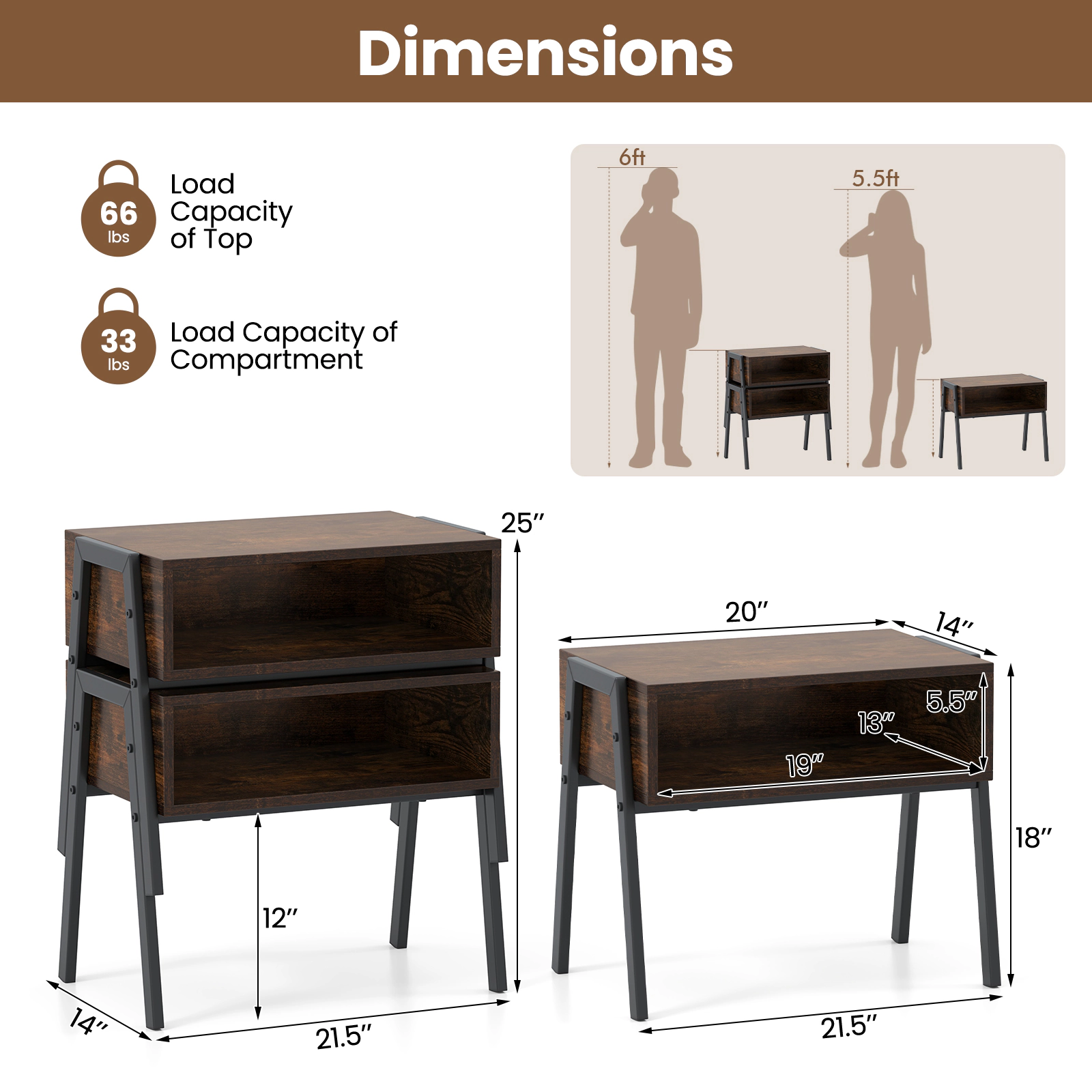 SUGIFT Stackable Nightstands Bedside End Tables with Open Storage Shelf 18-in Tall 66-lb Capacity Brown 2-Piece Set
