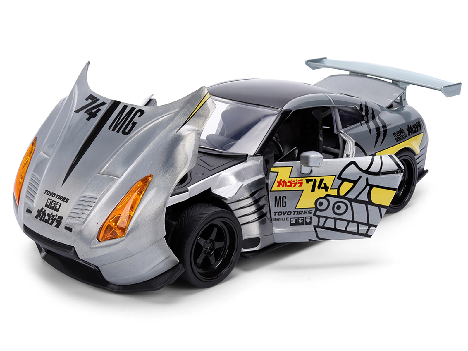 Jada 2009 Nissan GT-R (R35) Ben Sopra Brushed Metal with Black Top and Graphics and Mechagodzilla Diecast