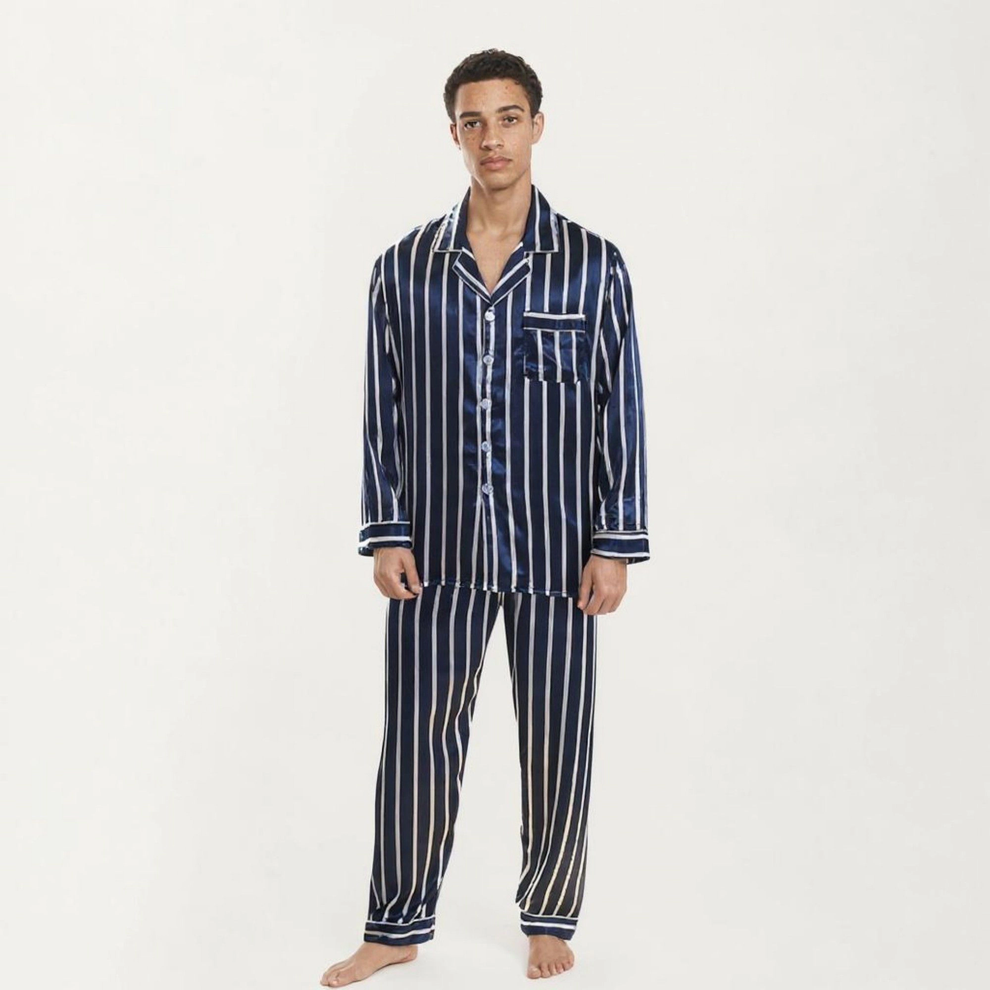Anna-Kaci Men's 2-Piece Satin Pajamas with Vertical Stripe Pattern and Button Up Top