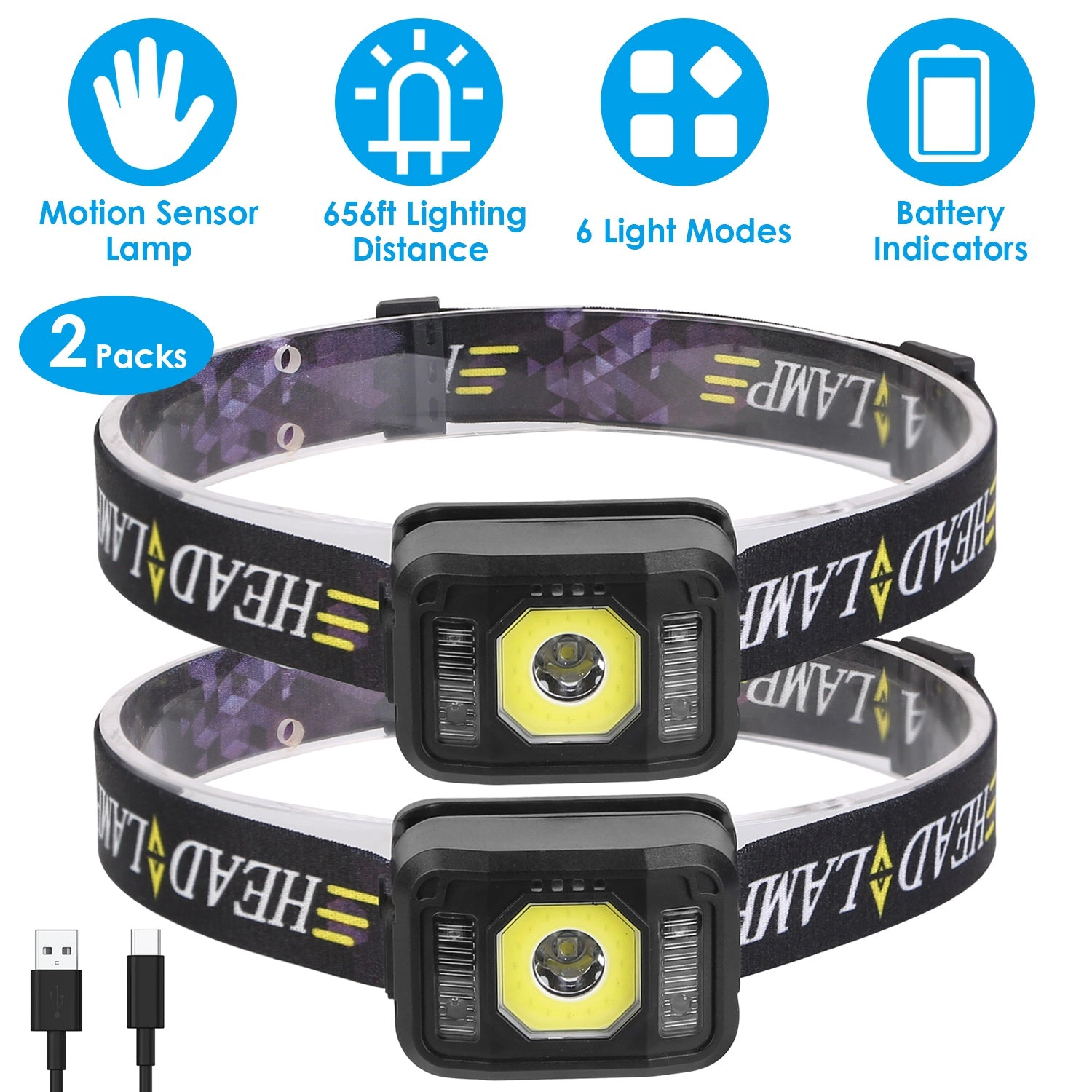 GBruno 2-Pack Motion Sensor Rechargeable Headlamp