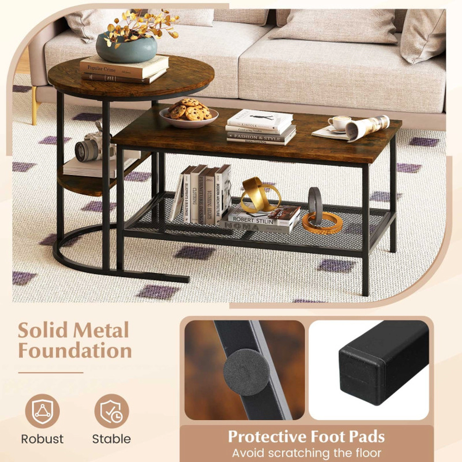 SUGIFT Set of 2 100-lb Capacity 2-Tier Rectangle Coffee Table and Round Side End Table with Mesh Shelf