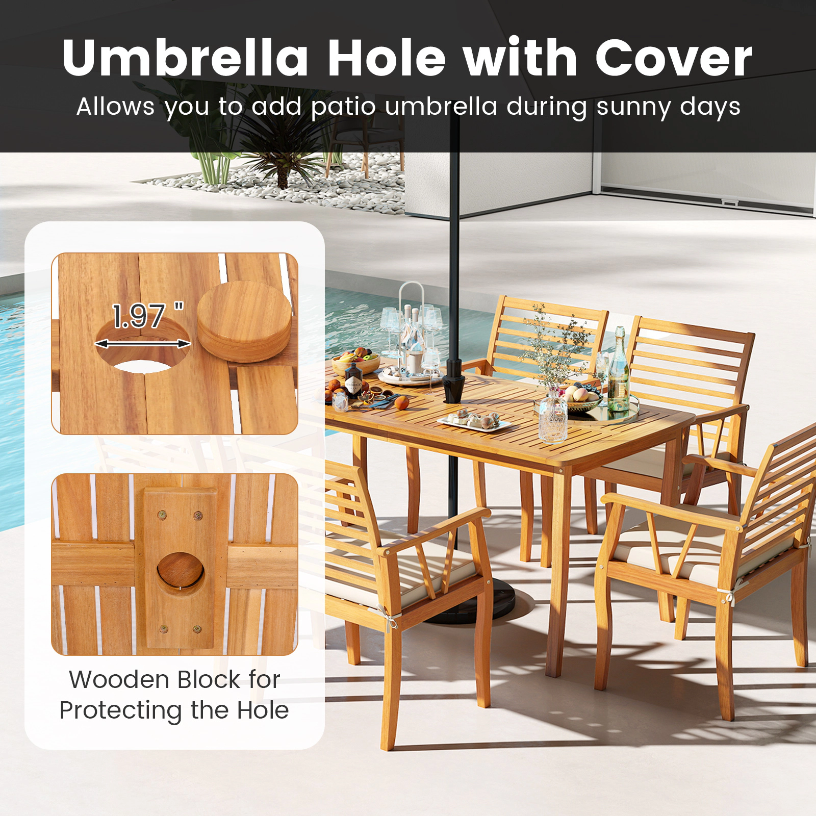 SUGIFT 63-In Natural Acacia Wood Farmhouse Patio Dining Table with Umbrella Hole