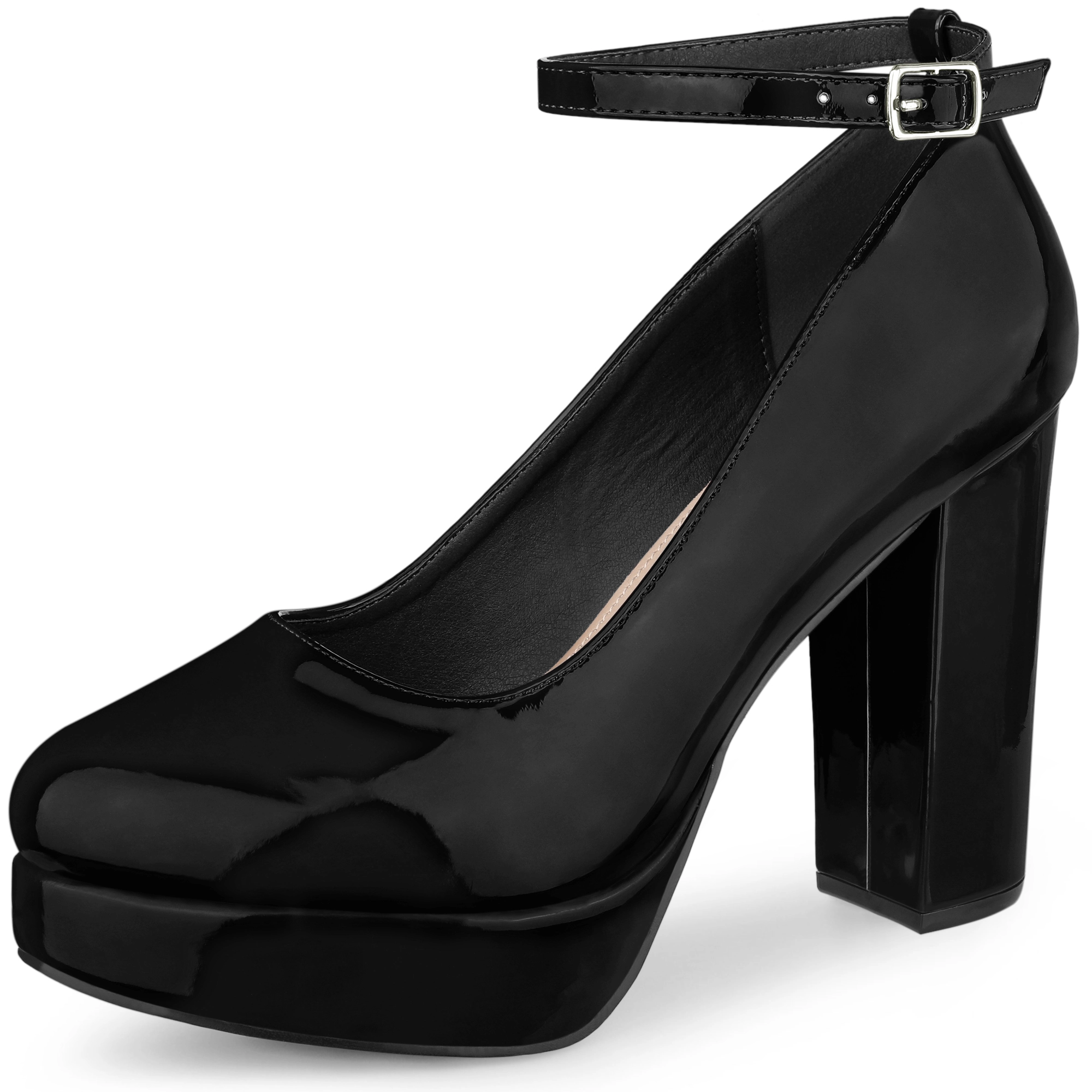 BLISSFUL STEP Women's Ankle Strap Platform Chunky Heels Mary Jane Pumps