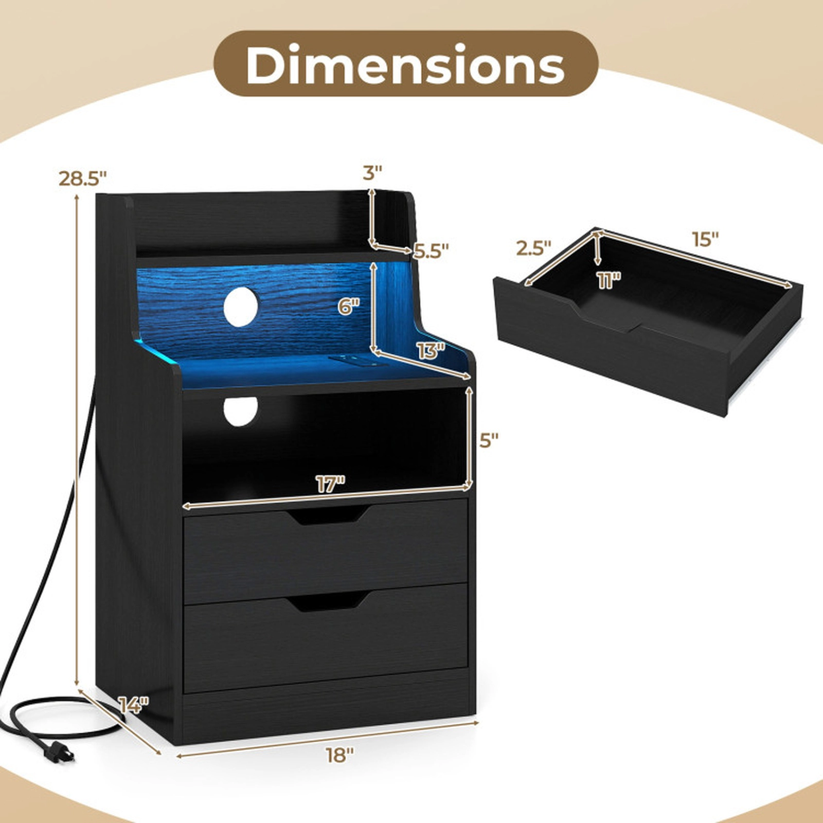 SUGIFT 28.5-Inch Black Smart LED Nightstand with App, Remote and Charging Station