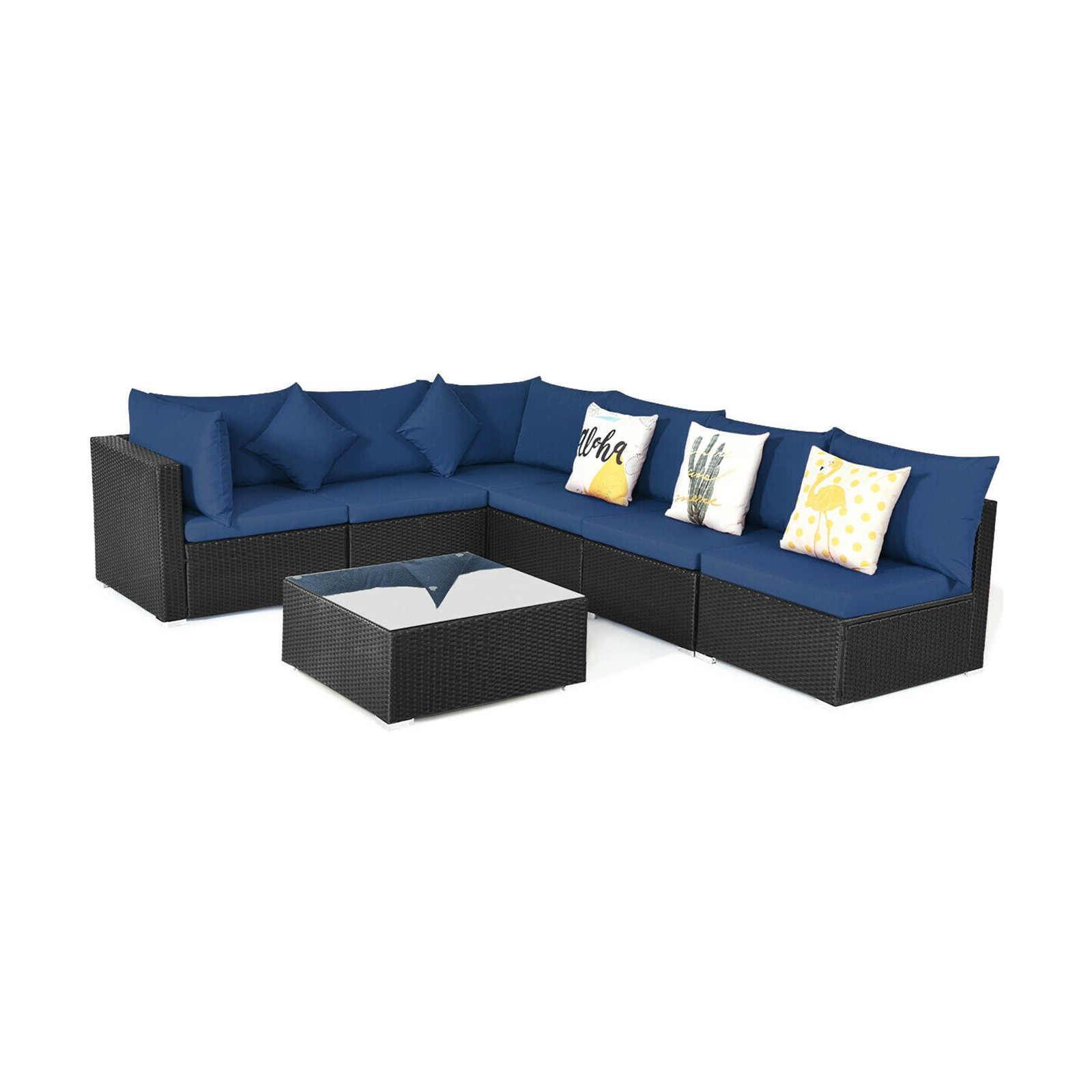 SUGIFT Tempered Glass Top Table and Cushions 7-Piece Outdoor Wicker Sectional Sofa Set