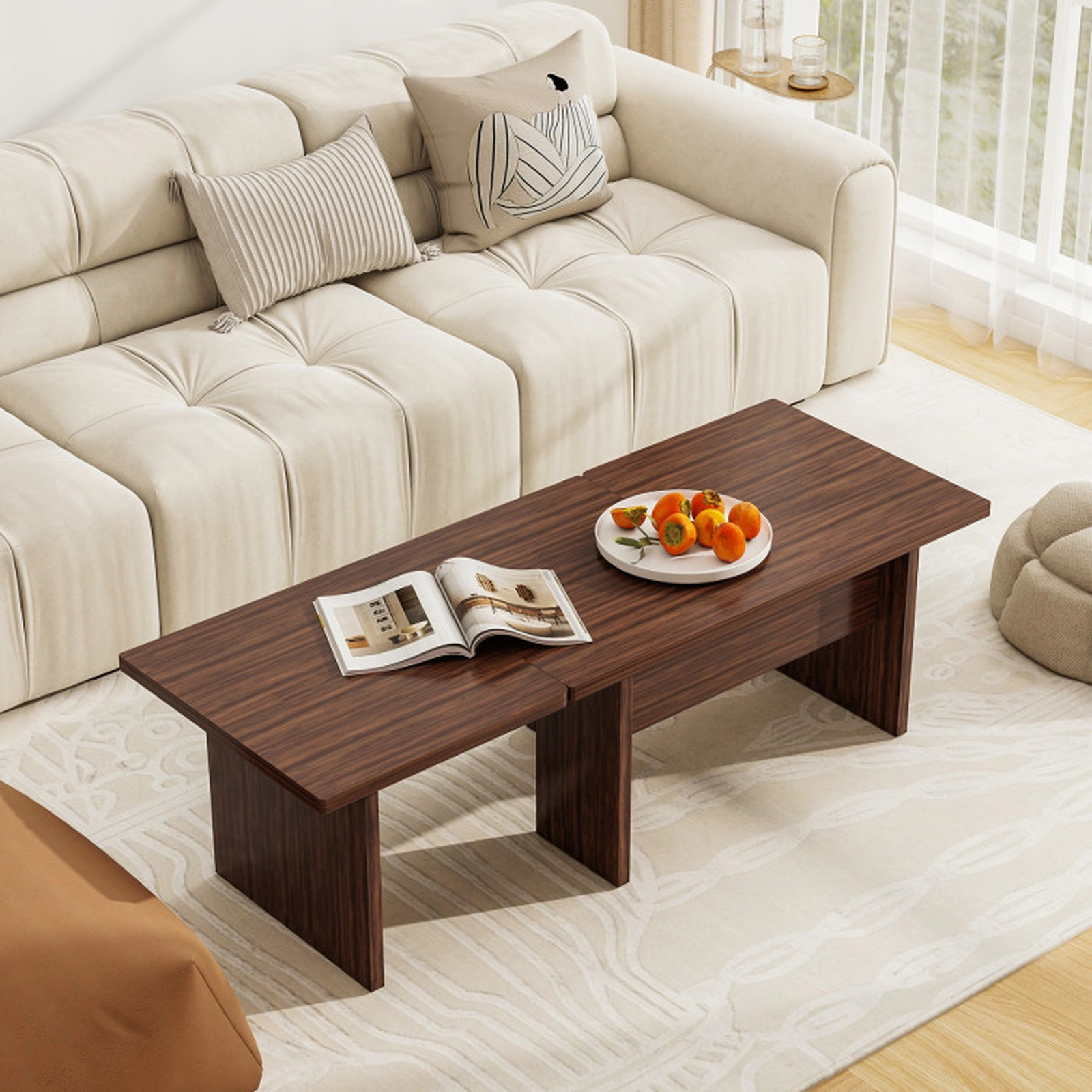 SUGIFT Set of 2 Modular L-Shaped Coffee Tables, Walnut, 35.5 in