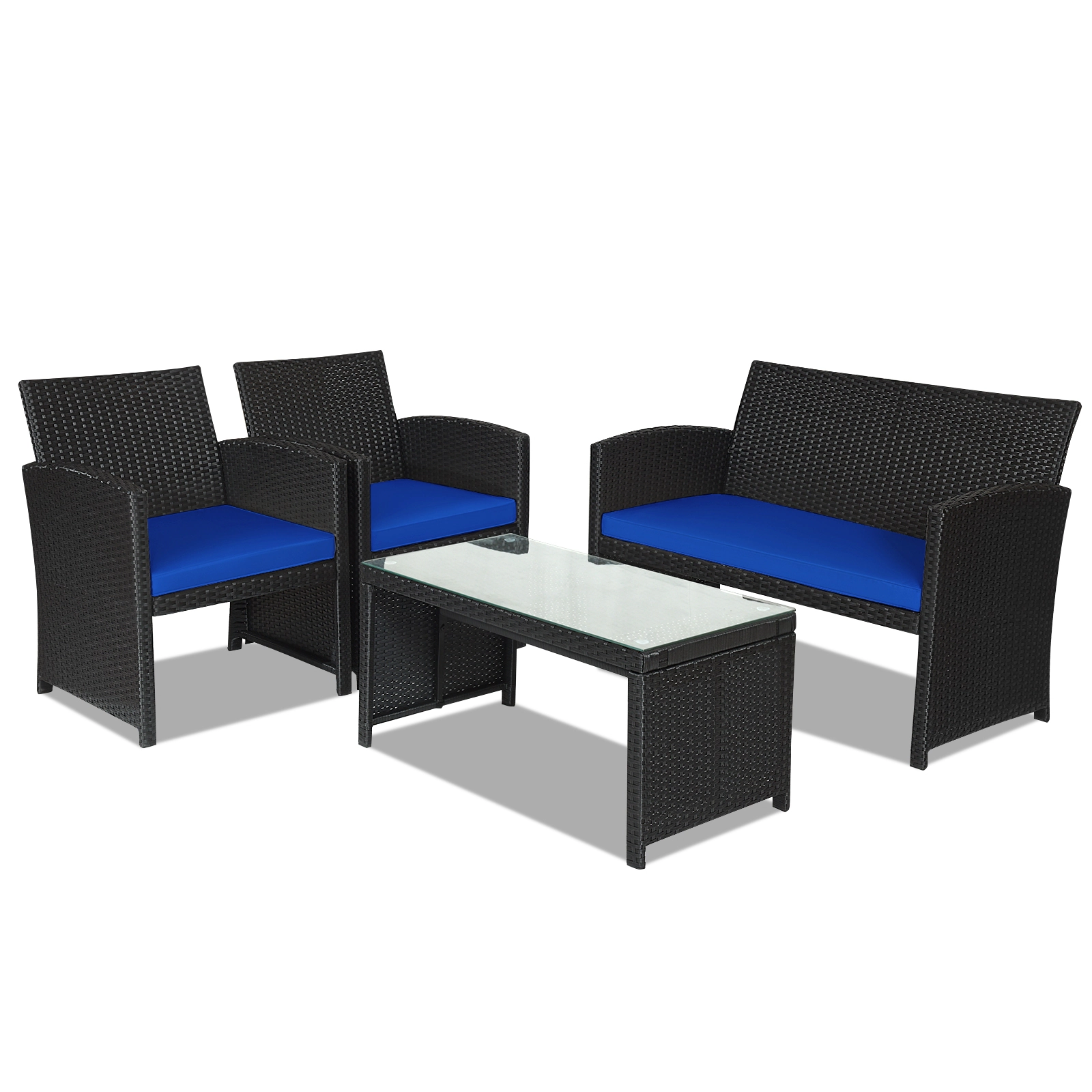 SUGIFT 4-Piece Black PE Rattan Patio Set with Loveseat, 2 Sofas and Glass Table