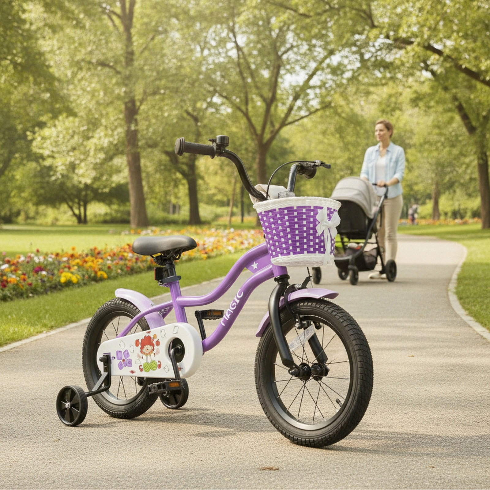 14-in Kids Bike with Removable Front Basket Training Wheels Bell Reflectors and Mudguards for Ages 3-5 Toddler Bicycle