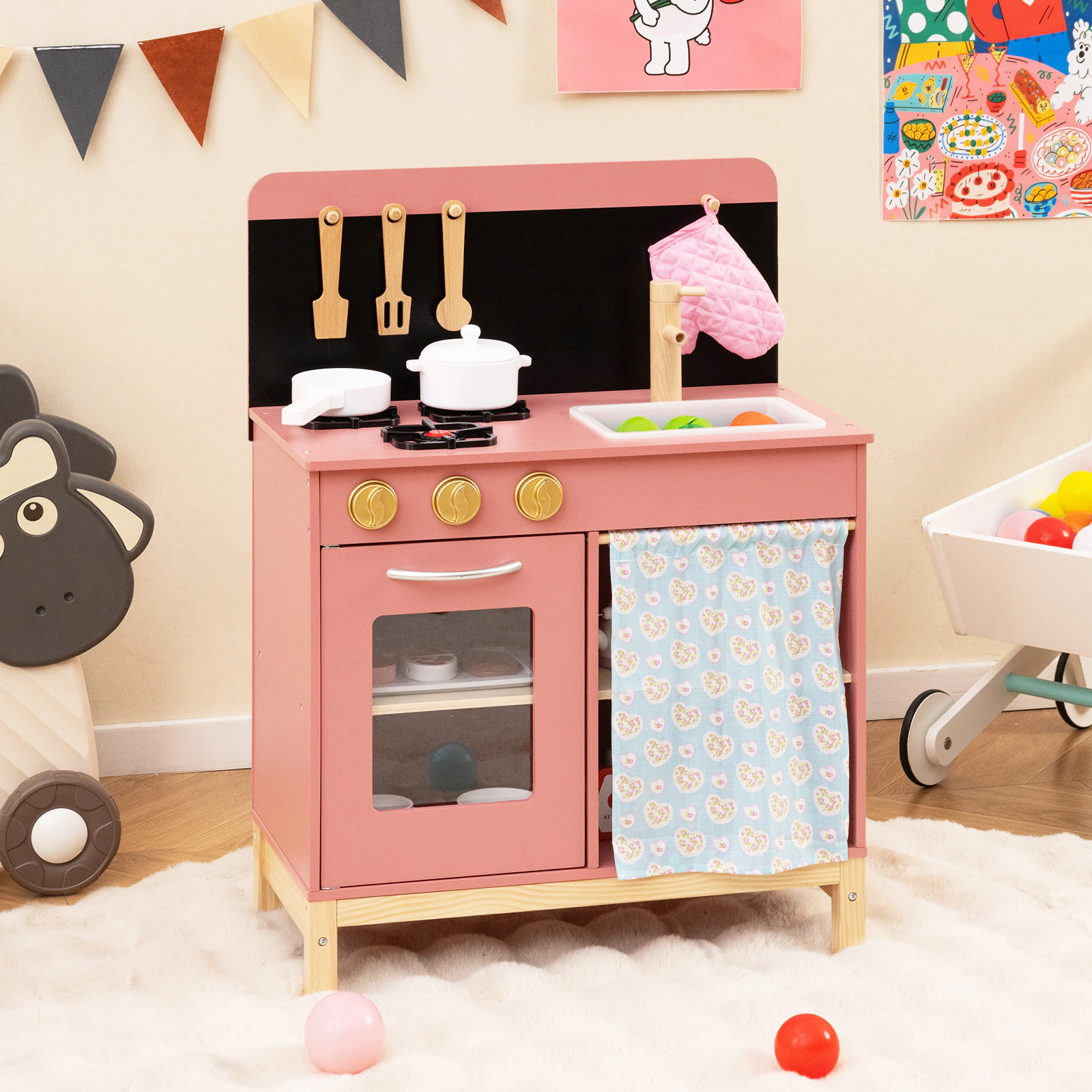 SUGIFT Play Kitchen for Kids with Stove Sink Oven and Door Curtain Ages 3+ Pink with Apron Glove Pan Pot Lid Utensils