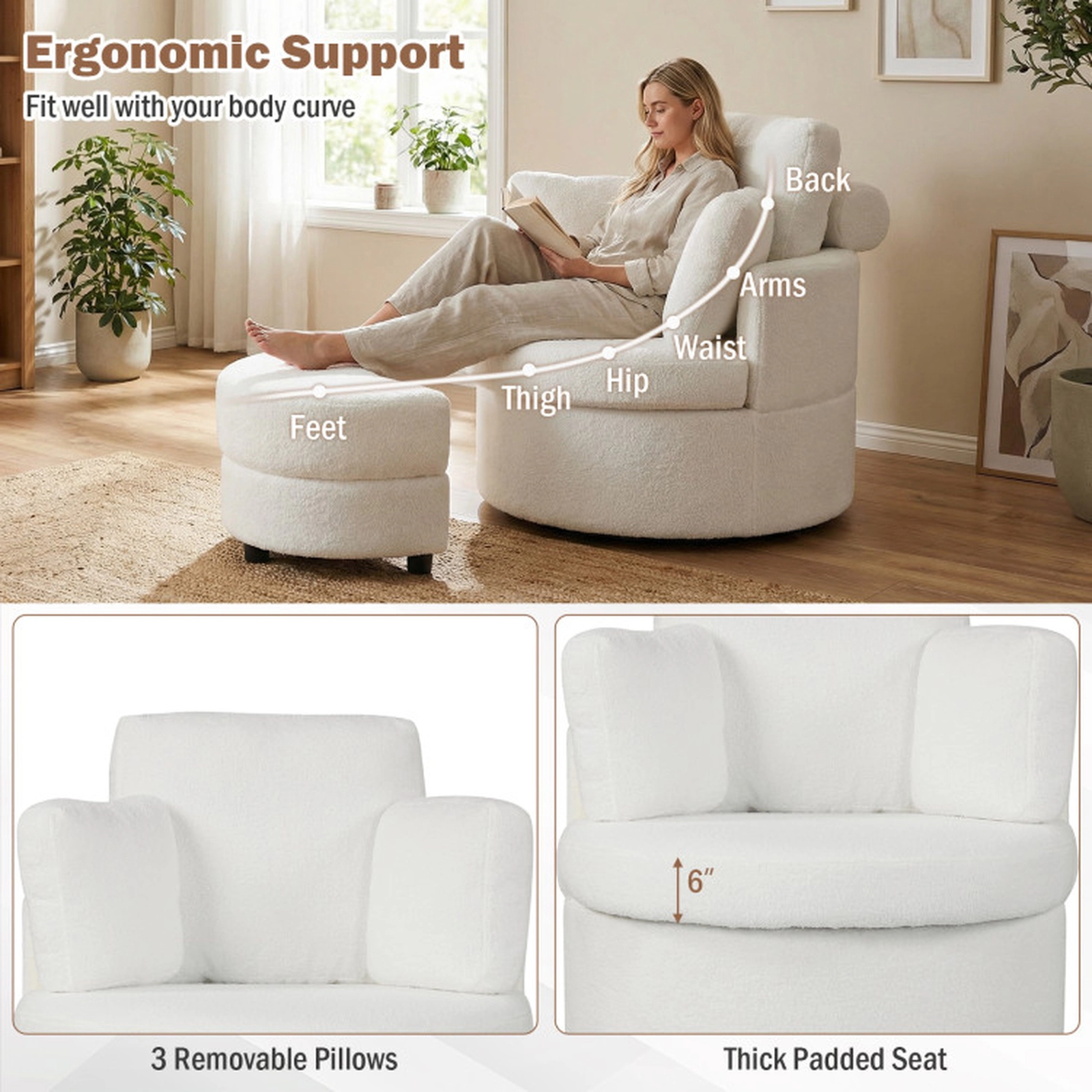 SUGIFT 360-Degree Swivel Storage Sherpa Accent Chair and Ottoman 35.5-in x 34.5-in x 32.5-in 440-lb Capacity White