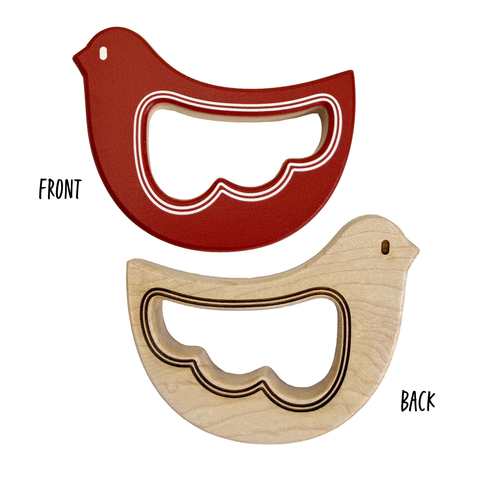 Solid Maple Wood Bird Rattle & Teether, Red Print and Etched, Natural Baby Toy Made in USA