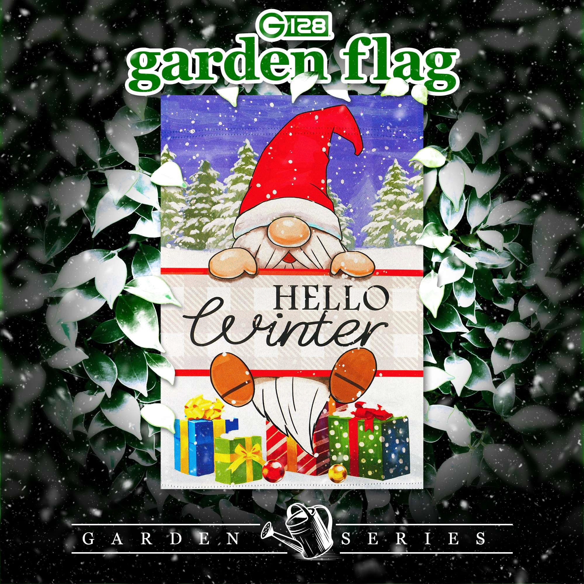 G128 Hello Winter Gnome Garden Flag 12x18 in Double-Sided Outdoor Lawn Decoration