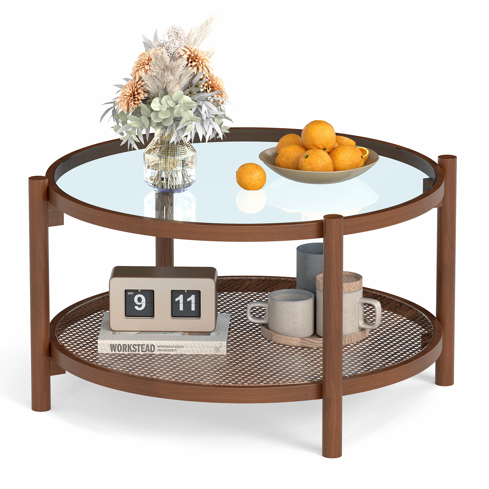 Glintex 31-Inch Round Coffee Table with Glass Top and Hand-Woven Rattan Shelf, Cherry+Transparent
